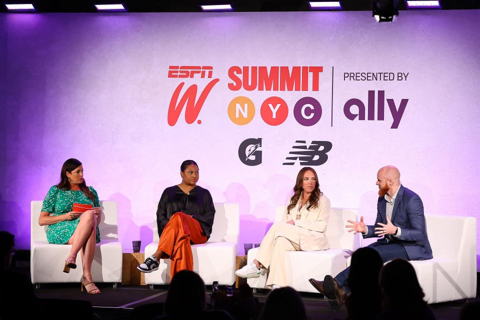 Agent Jade-Li English (second from left) speaks during the 2023 espnW Summit NYC. She has five clients in the 2023 WNBA All-Star Game.