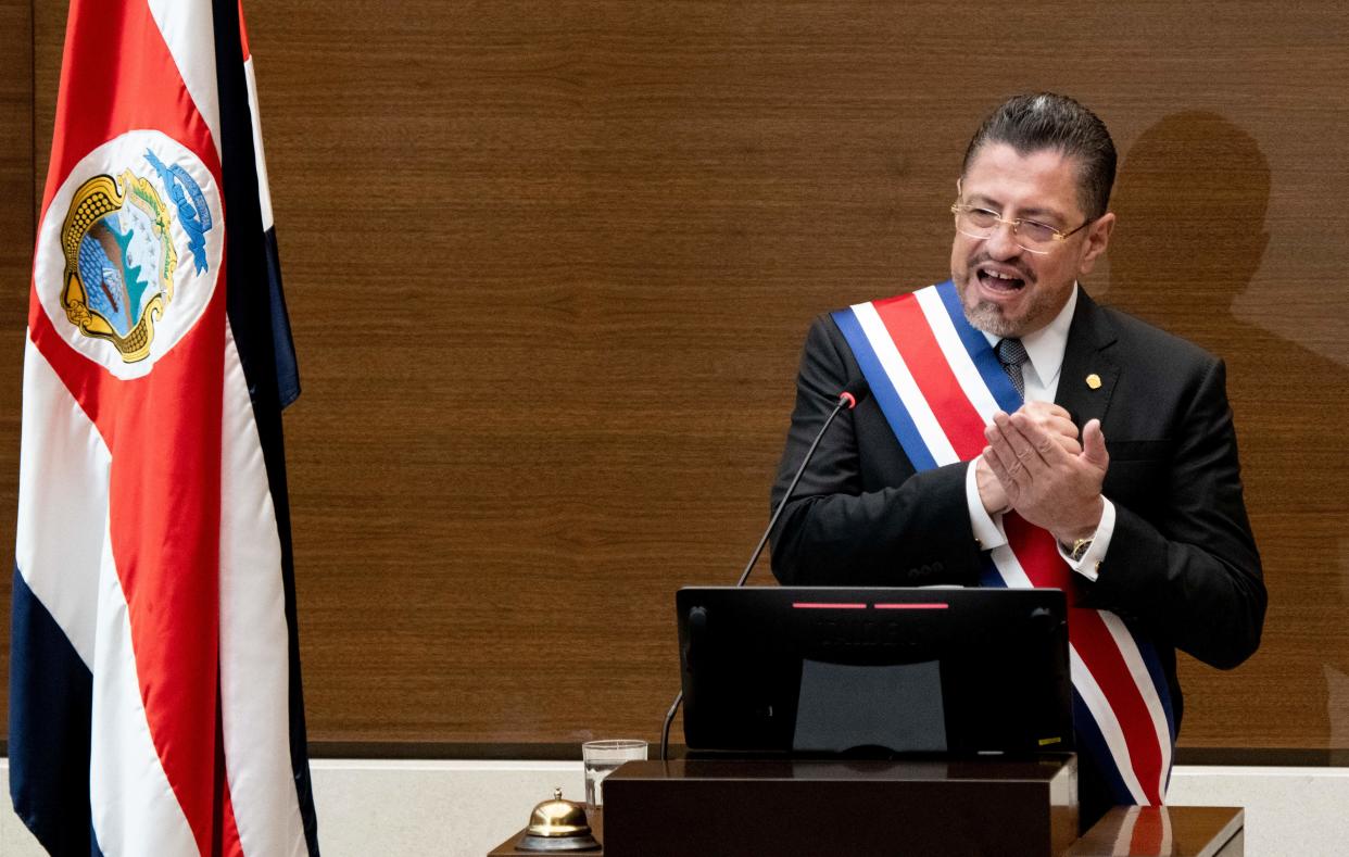 Costa Rica's new President Rodrigo Chaves delivers a speech during his inauguration ceremony in San Jose, Costa Rica, on May 8, 2022. Economist and former finance minister Rodrigo Chaves was sworn in as Costa Rica's president for a four-year mandate focused on reinvigorating one of Latin America's most stable economies.