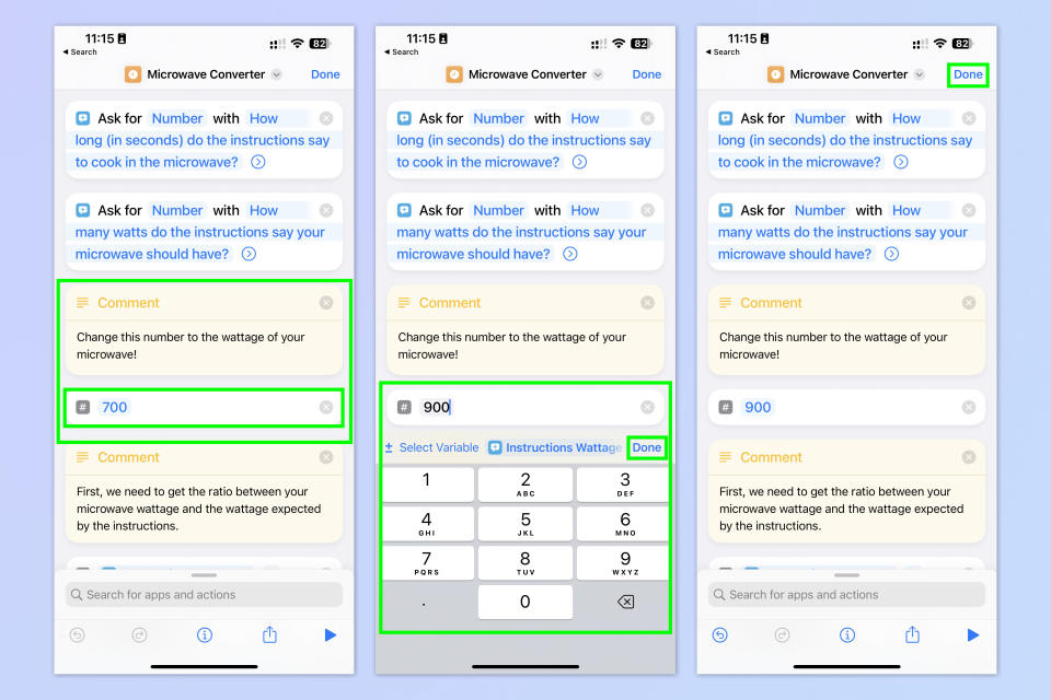 A screenshot showing how to use the iOS microwave converter shortcut