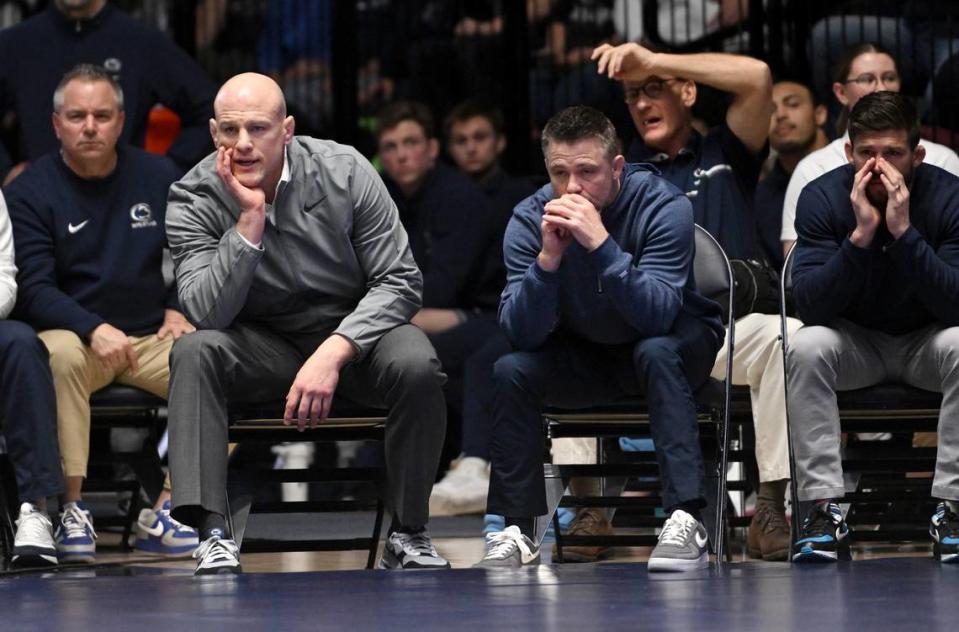 Penn State wrestling coach Cael Sanderson yells to Aaron Nagao during his 133 lb bout against Ohio State’s Nic Bouzakis during the match on Friday, Feb. 2, 2024 in Rec Hall.