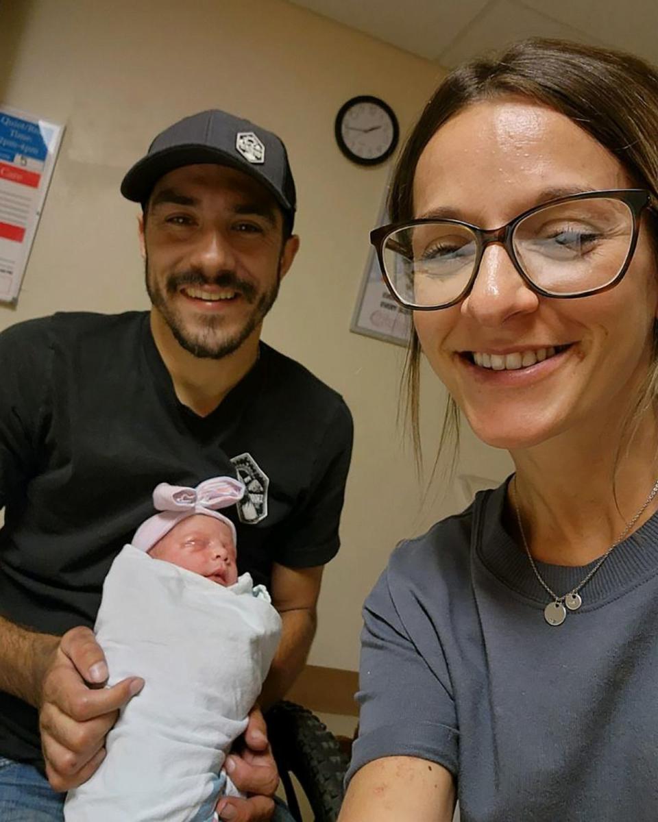 PHOTO: Zac and Brittney Wolfe hold their adopted daughter Charlie shortly after her birth on July 27, 2023. (Courtesy of Zac and Brittney Wolfe)