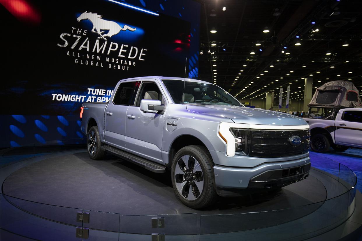 The Ford F150 Lightning is shown at the 2022 North American International Auto Show on September 14, 2022 in Detroit, Michigan.