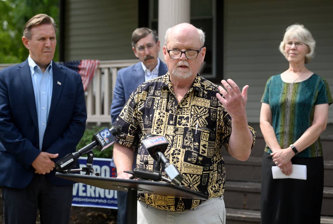 State College Borough Council president Jesse Barlow speaks against Doug Mastriano and his association with Gab during a gathering on Tuesday, Aug. 2, 2022.