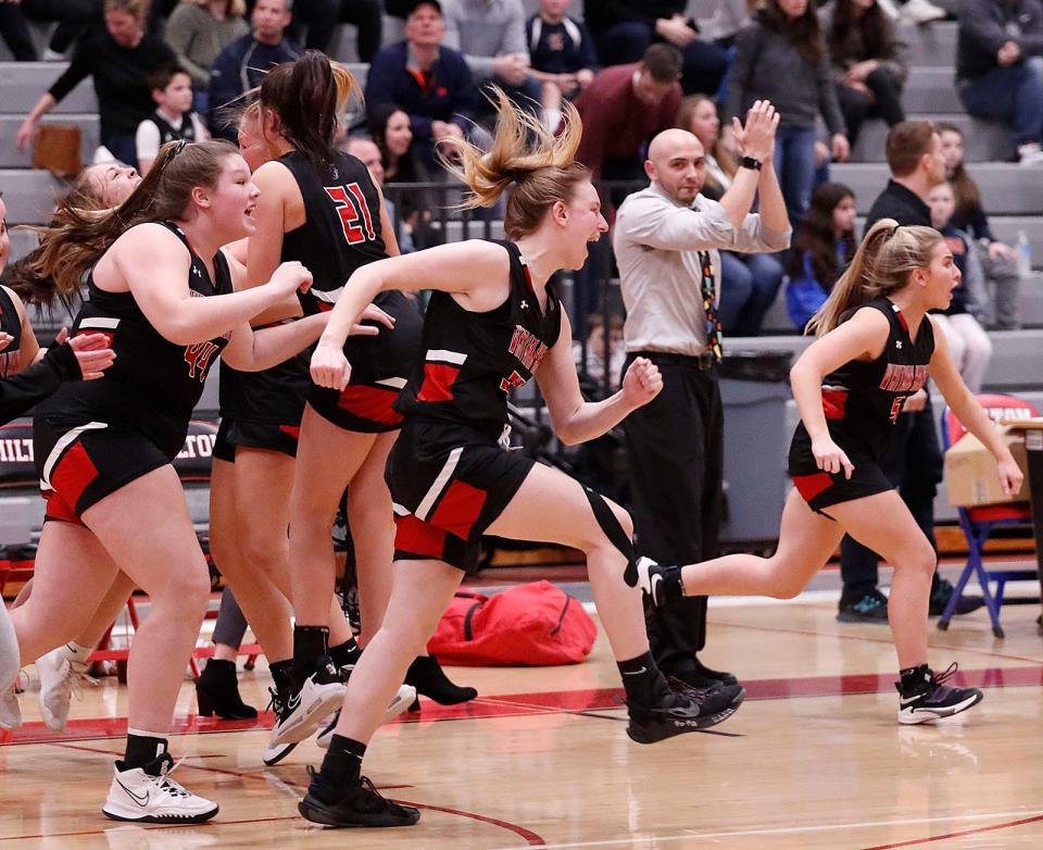 Panthers celebrate their latest win.Whitman-Hanson High girls basketball defeated Walpole 43-41 in MIAA tournament action at Milton High on Friday March 11, 2022  