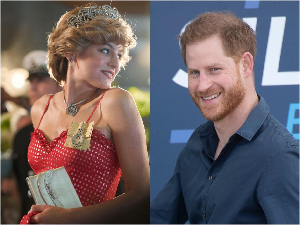 Emma Corrin as Princess Diana in The Crown and Prince Harry (Netflix, Shutterstock)