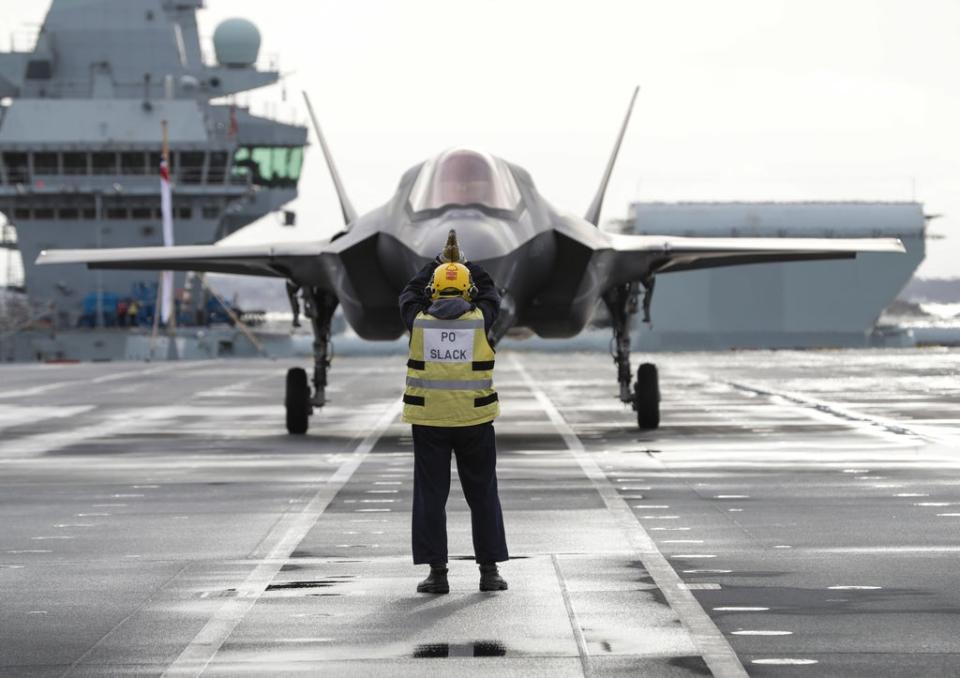 An RAF F35B Lightning jet preparing to take off from the flight deck of the HMS Queen Elizabeth (Belinda Alker/MoD Crown Copyright/PA) (PA Media)