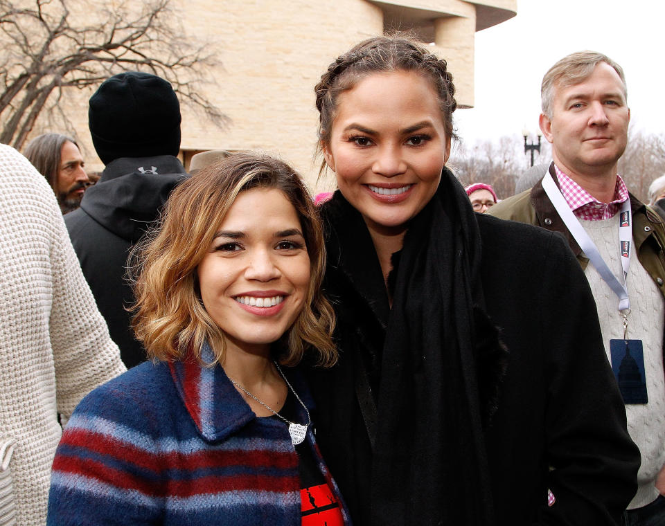 America Ferrara and Chrissy Teigen pose for a photo at the Women's March on Washington, DC.&nbsp;