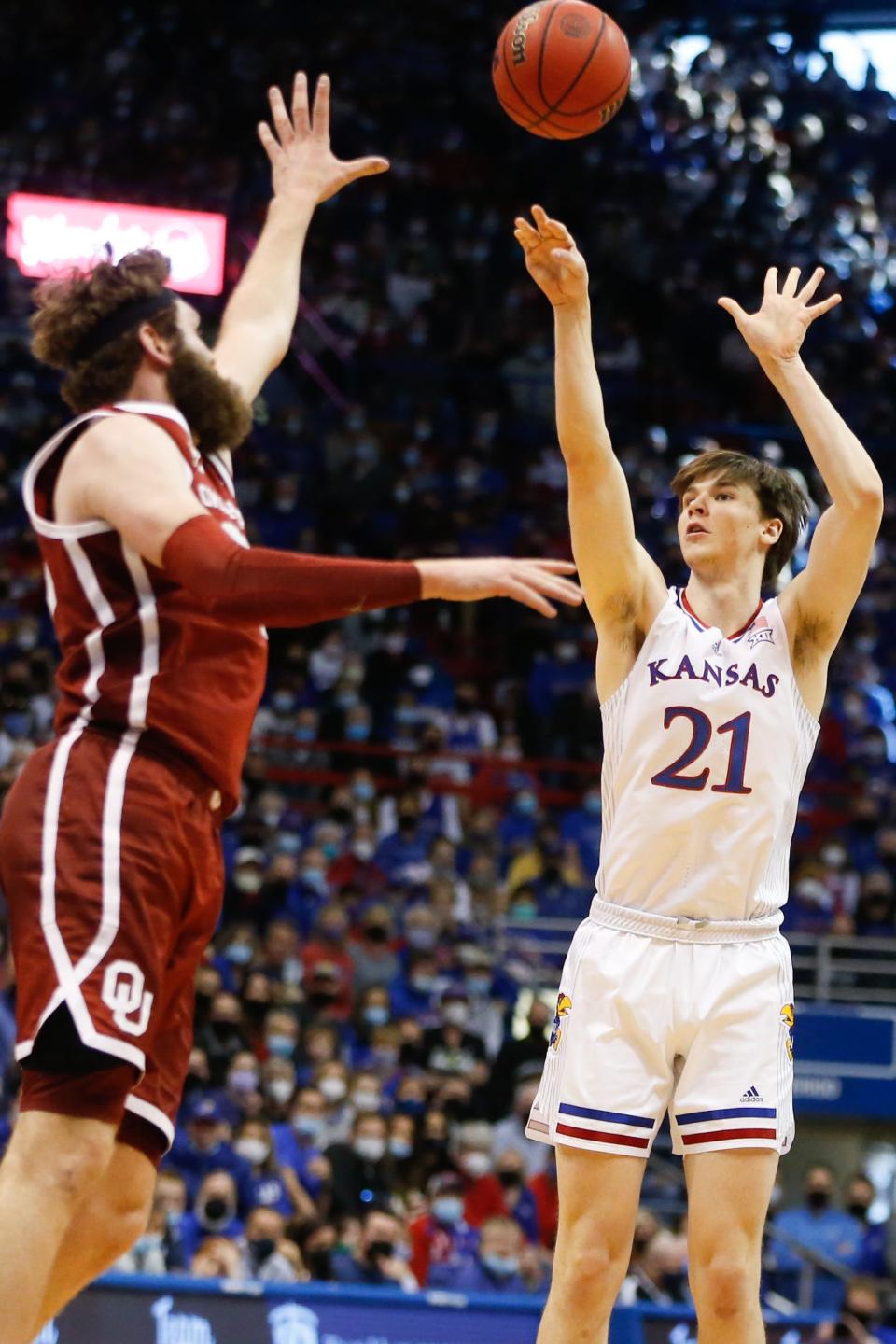 Kansas forward Zach Clemence takes a shot against Oklahoma during the second half of game in February inside Allen Fieldhouse.