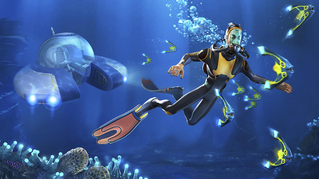  A scuba diver swimming underwater. 