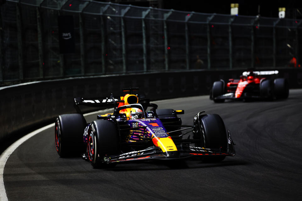 LAS VEGAS, NEVADA - NOVEMBER 18: Max Verstappen of the Netherlands driving the (1) Oracle Red Bull Racing RB19 leads Charles Leclerc of Monaco driving the (16) Ferrari SF-23 during the F1 Grand Prix of Las Vegas at Las Vegas Strip Circuit on November 18, 2023 in Las Vegas, Nevada. (Photo by Mark Thompson/Getty Images)