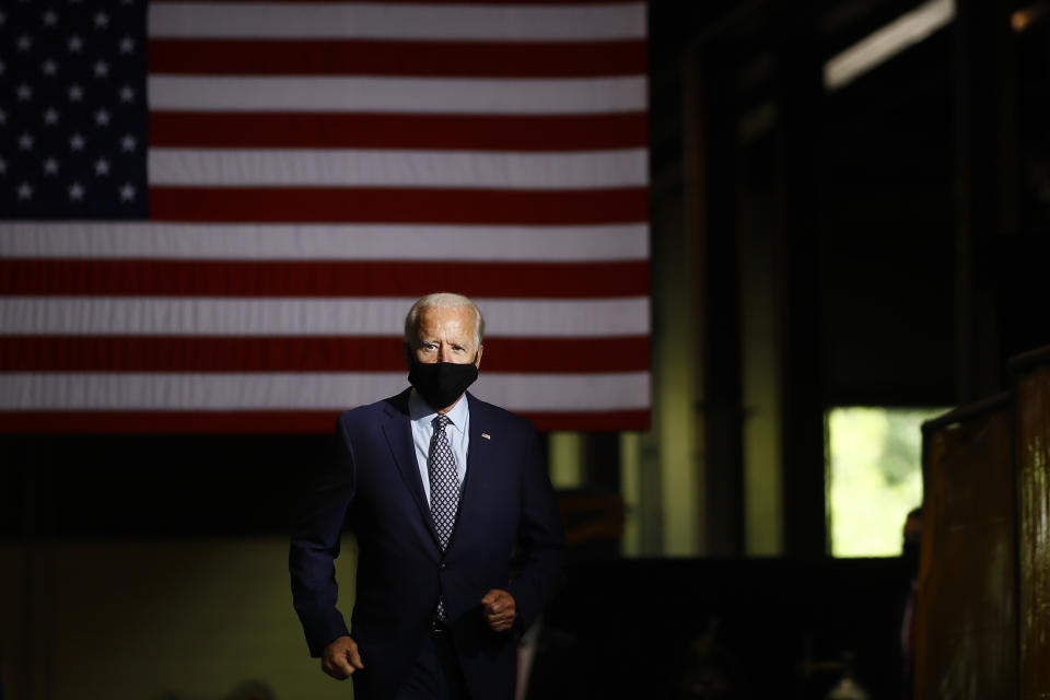 FILE - In this July 9, 2020, file photo Democratic presidential candidate former Vice President Joe Biden arrives to speak at McGregor Industries in Dunmore, Pa. (AP Photo/Matt Slocum, File)