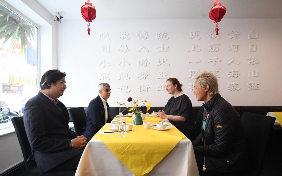 Mayor of London Sadiq Khan with chef Monica Galetti, chef Angela Hartnett, and Geoff Leong during a visit to Dumplings' Legend in Chinatown, London - Kirsty O'Connor/PA Wire
