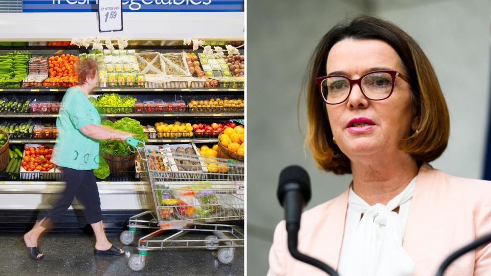 Pictured: Pensioner in grocery store, Australian Social Services Minister Anne Ruston. Images: Getty