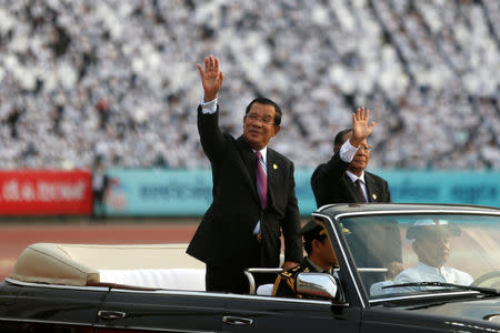 Cambodia's Prime Minister Hun Sen arrives at an event to mark the 40th anniversary of the toppling of Pol Pot's Khmer Rouge regime at the Olympic stadium in Phnom Penh, Cambodia, January 7, 2019. REUTERS/Samrang Pring