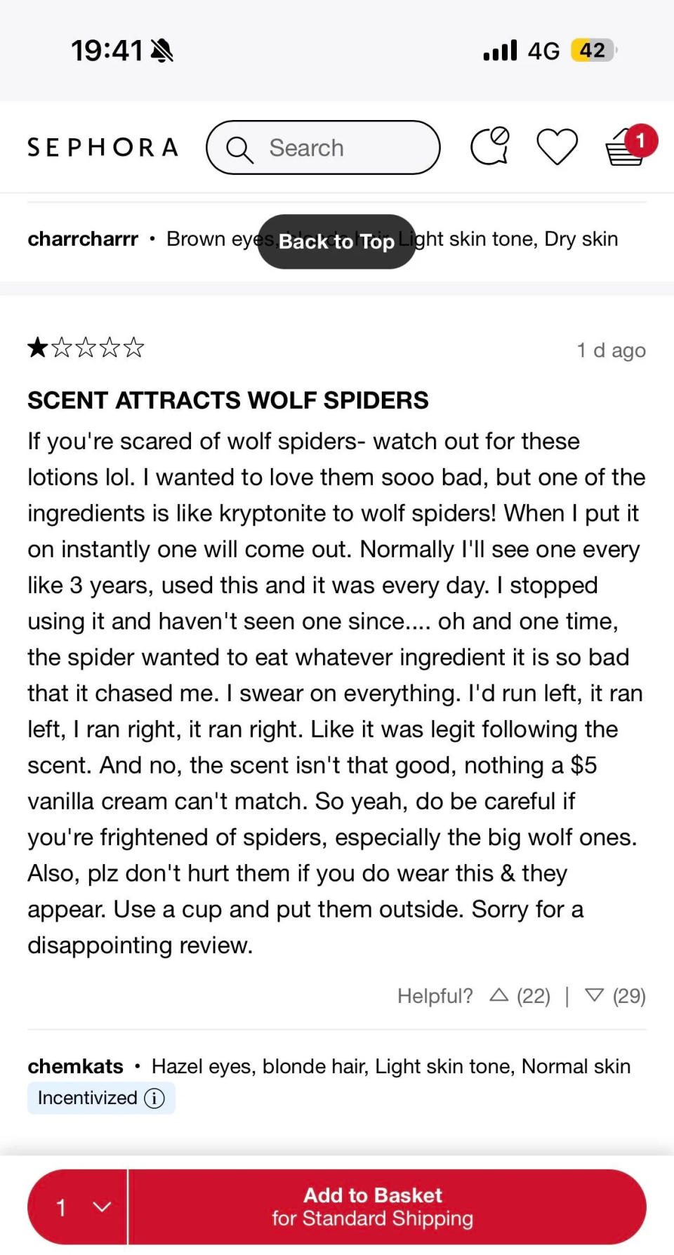 A screenshot of a one-star Sephora review for a body butter that allegedly attracted wolf spiders. It reads: 