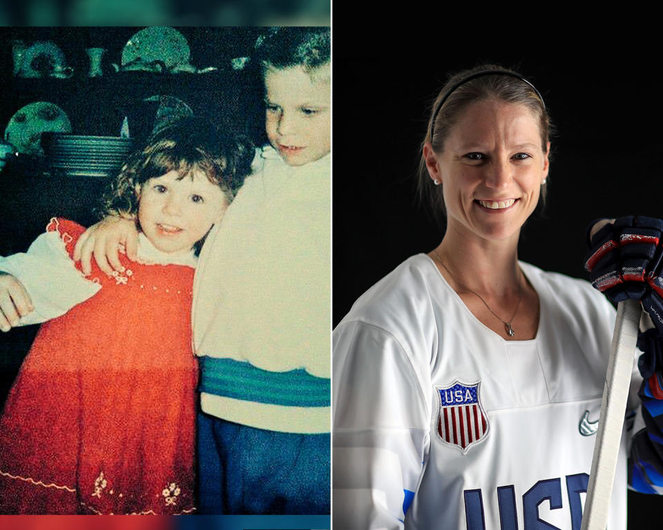 <p><strong>THEN:</strong> Kacey Bellamy with her big brother Rob.<br><strong>NOW:</strong> The two-time Olympic silver medalist grew up playing ice hockey with her brothers.<br> (Photo via Twitter/@kbells22, Photo by Mike Ehrmann/Getty Images) </p>
