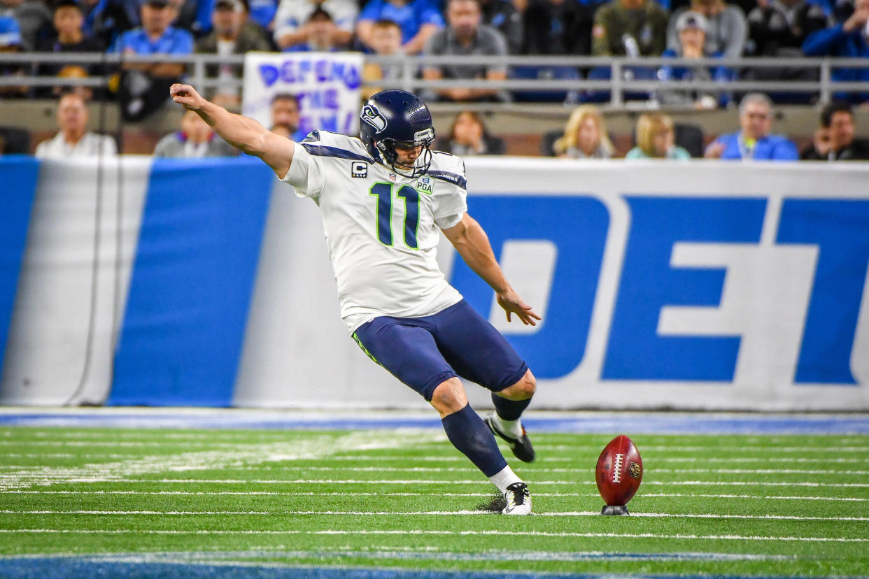 DETROIT, MI - OCTOBER 28: Seattle Seahawks kicker Sebastian Janikowski (11) kicks off during the Detroit Lions game versus the Seattle Seahawks on Sunday October 28, 2018 at Ford Field in Detroit, MI. (Photo by Steven King/Icon Sportswire via Getty Images)