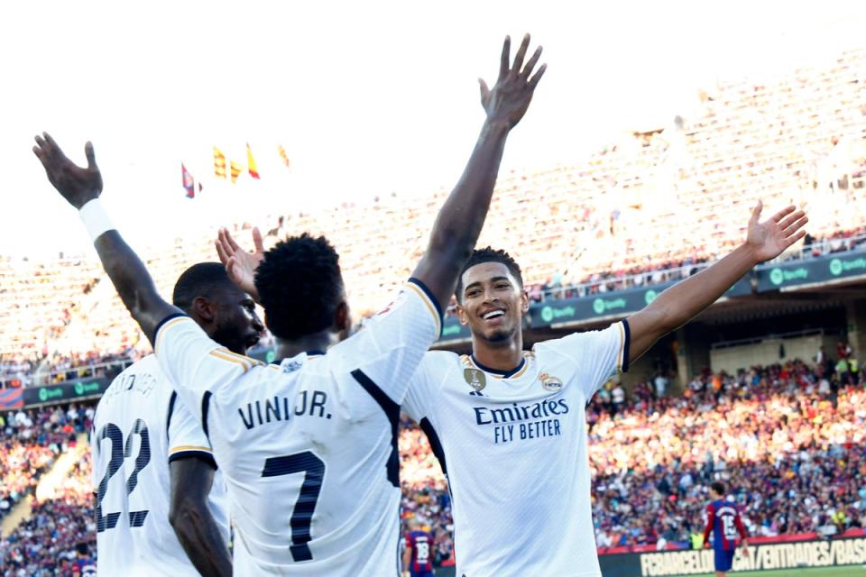 Bellingham celebrates after winning the Clasico for Real Madrid (EPA)