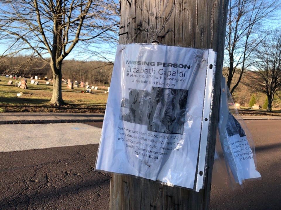 A sign asking for help locating Beth Capaldi was seen at the intersection of Church and High streets in Sellersville Friday, Dec. 9. Capaldi was last seen at that intersection during the early morning hours of Oct. 10.