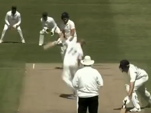 Dieter Klein launches the ball at Danny Lamb: @lancscricket via Twitter