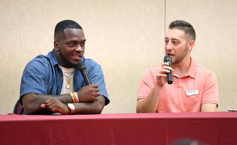 Former South Carolina football player Dakereon Joyner was the guest of honor at The State’s inaugural Gamecock Kickoff event at Seawell’s in Columbia, held Tuesday, Aug. 20, 2024. Joyner is seen here being interviewed by The State’s Jordan Kaye.