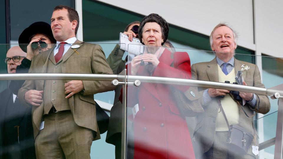 Peter Phillips, Princess Anne and Andrew Parker Bowles watching horse racing
