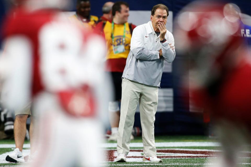 Alabama head coach Nick Saban looks on during warm ups before the start the Southeastern Conference championship NCAA college football game between Georgia and Alabama in Atlanta, on Saturday, Dec. 4, 2021.

News Joshua L Jones