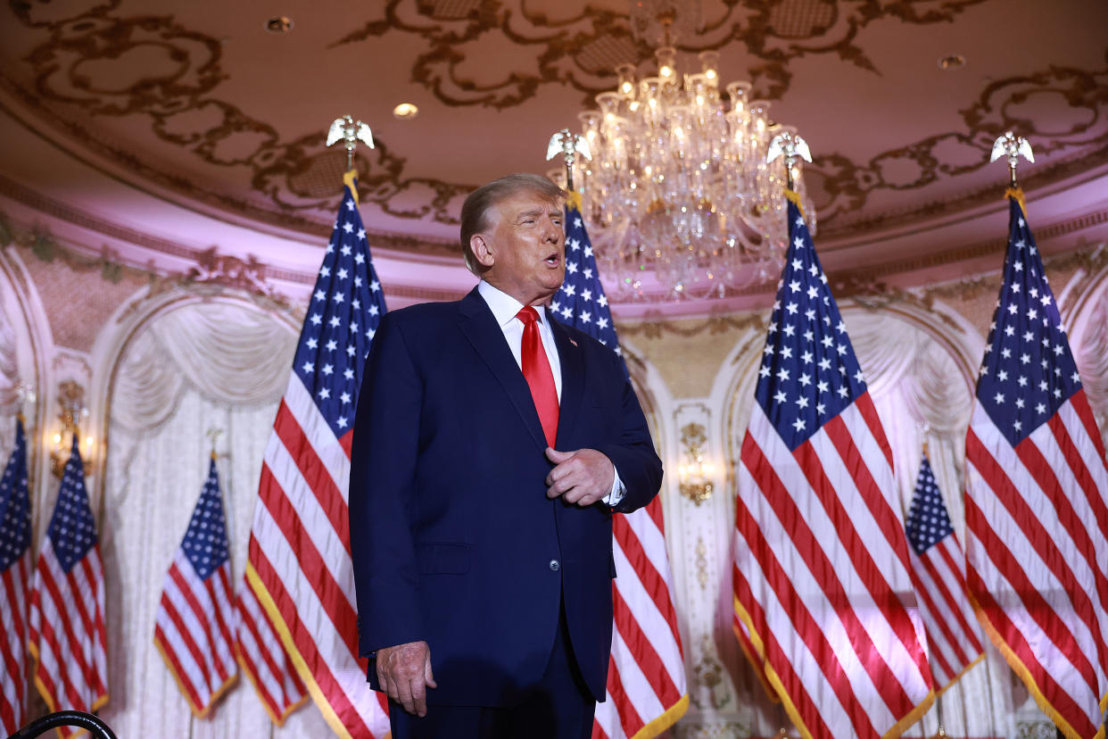 PALM BEACH, FLORIDA - NOVEMBER 15: Former U.S. President Donald Trump arrives on stage to speak during an event at his Mar-a-Lago home on November 15, 2022 in Palm Beach, Florida. Trump announced that he was seeking another term in office and officially launched his 2024 presidential campaign.  (Photo by Joe Raedle/Getty Images)