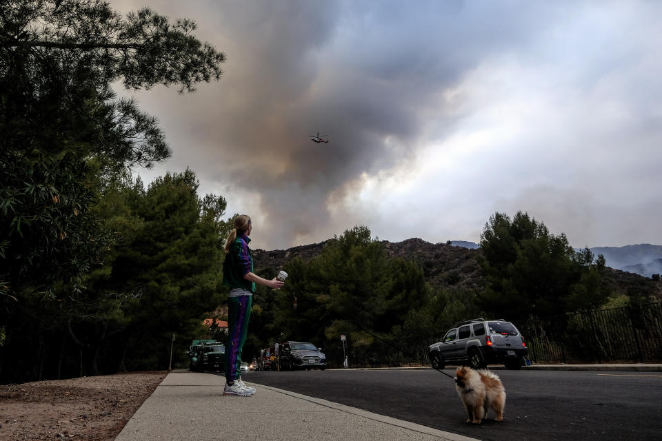 A woman with her dog watches as a plume of smoke rises from a wildfire in the Pacific Palisades area of Los Angeles, Sunday, May 16, 2021. (AP Photo/Ringo H.W. Chiu)