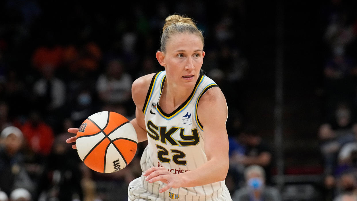 Chicago Sky guard Courtney Vandersloot (22) during the first half of Game 2 of basketball's WNBA Finals against the Phoenix Mercury, Wednesday, Oct. 13, 2021, in Phoenix. (AP Photo/Rick Scuteri)