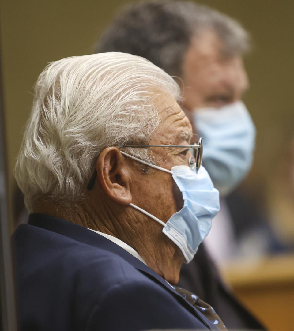 FILE - Ruben Flores left and Harold Mesick, his attorney, appear in a preliminary hearing where he was charged as an accessory to murder in the disappearance of Cal Poly student Kristin Smart, on Aug. 3, 2021. Jurors on Tuesday, Oct. 18, 2022, unanimously found his son, Paul Flores, guilty of first-degree murder, the San Luis Obispo Tribune reported.. David Middlecamp/The Tribune via AP, Pool, File)