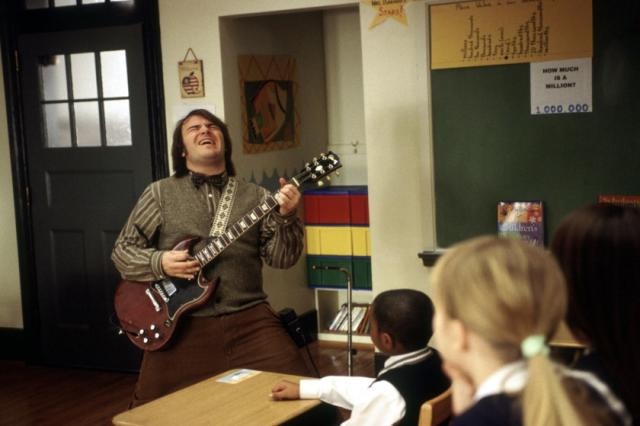 In School of Rock, after being kicked out of his rock band, Dewey Finn (Jack  Black) becomes a substitute teacher of an uptight elementary private  school