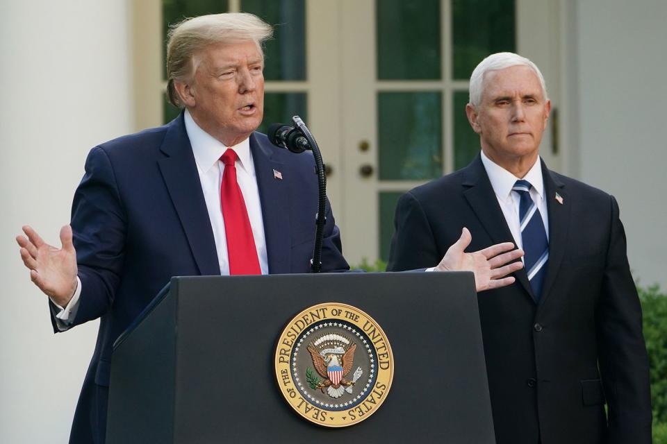 US President Donald Trump speaks as US Vice President Mike Pence looks on