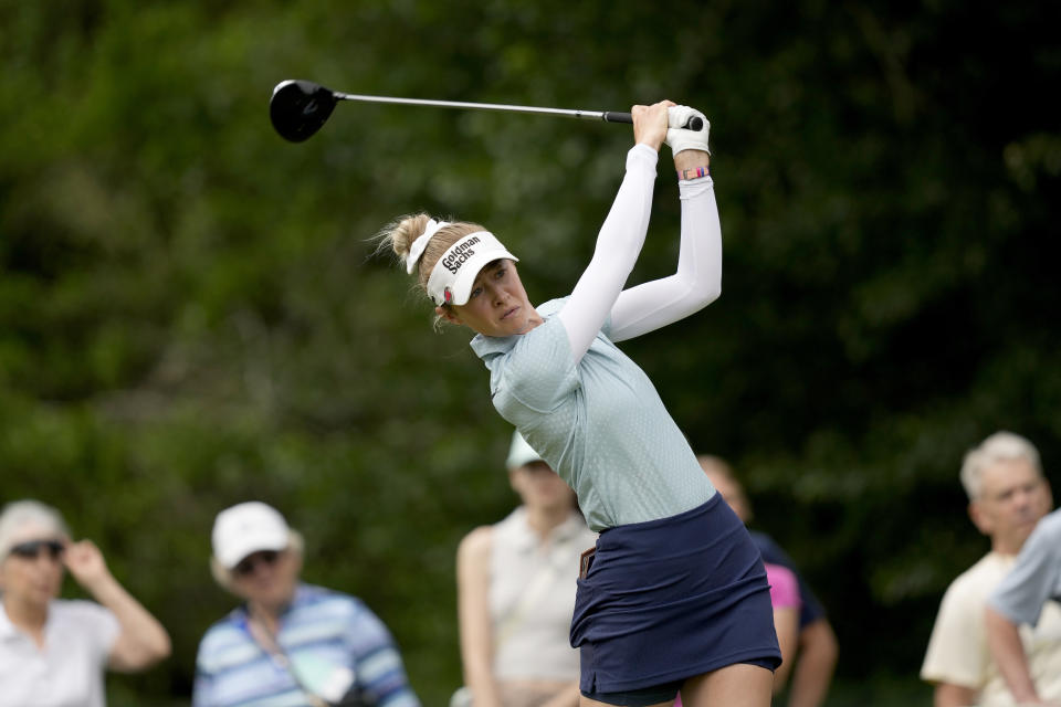 Nelly Korda hits from the 11th tee during the second round of the Chevron Championship LPGA golf tournament Friday, April 19, 2024, at The Club at Carlton Woods, in The Woodlands, Texas. (AP Photo/David J. Phillip)