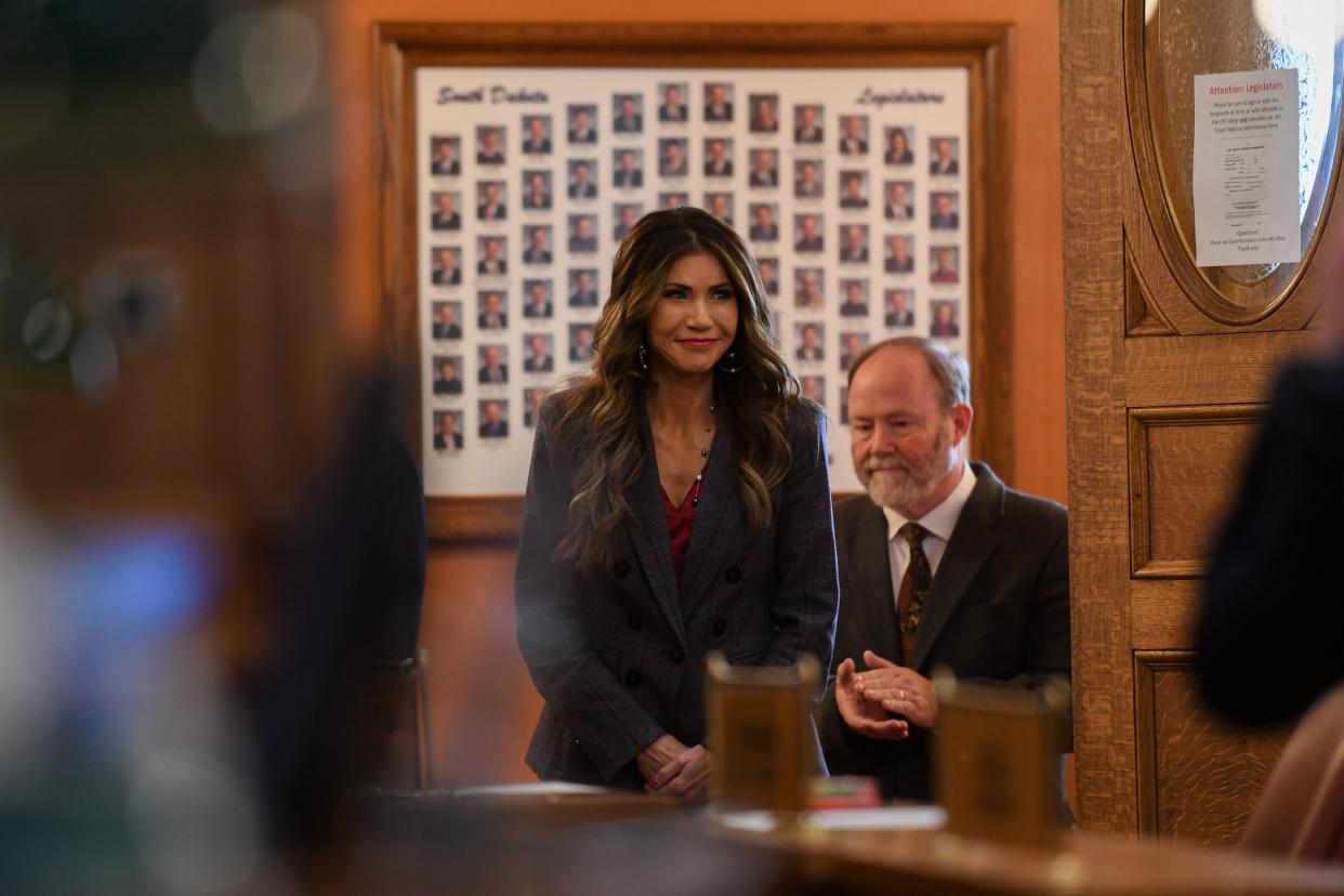 Gov. Kristi Noem is announced into the House of Representatives during the annual budget address on Tuesday, Dec. 5, 2023 at the South Dakota State Capitol in Pierre.