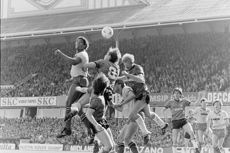 Watford Observer: John Barnes rises high to flick the ball on