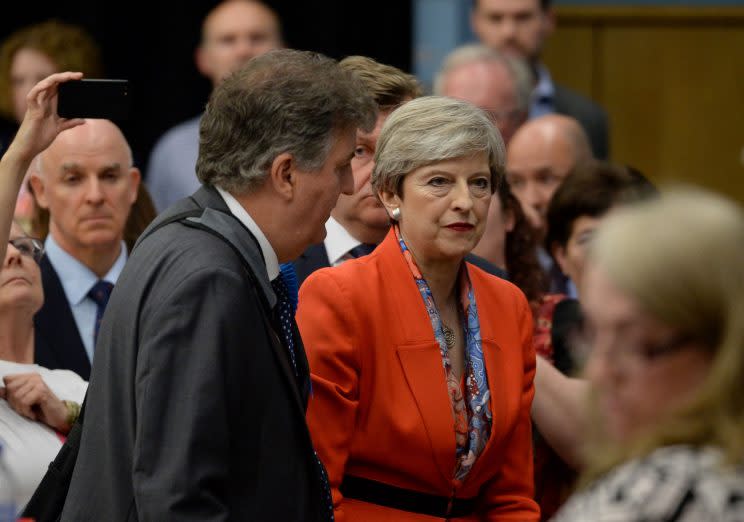 Theresa May struggles to see the positives after she held her Maidenhead seat. (PA)