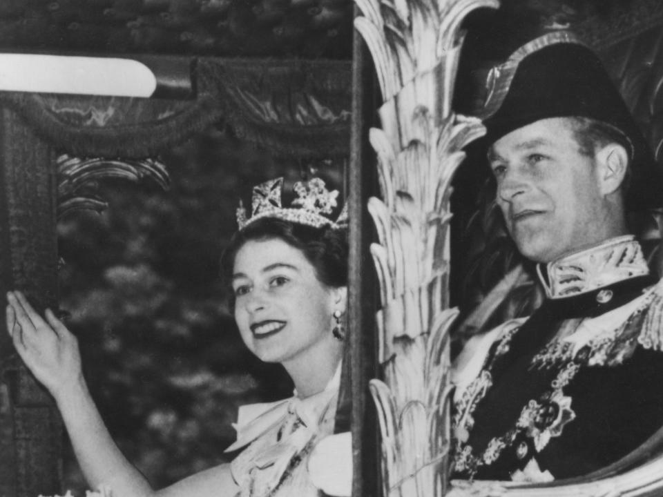 The Queen and Prince Philip in the Gold Stage Coach on June 2, 1953.