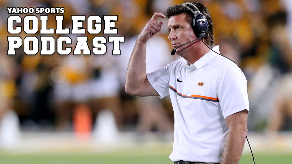 Head coach Mike Gundy of the Oklahoma State Cowboys reacts as the Oklahoma State Cowboys take on the Baylor Bears in the second half at McLane Stadium on September 24, 2016 in Waco, Texas. Gundy was in the news this week for a nearly hour-long press conference where he went on tone-deaf coronavirus rant. (Photo by Tom Pennington/Getty Images) 