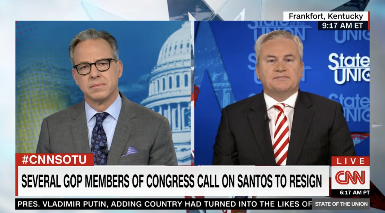 CNN anchor Jake Tapper interviews Rep. James Comer, R-Ky., about fellow Rep. George Santos. R-NY.