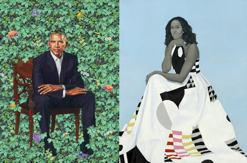 Portraits of Barack Obama by Kehinde Wiley and Michelle Obama by Amy Sherald are on exhibit at the Museum of Fine Arts in Boston.