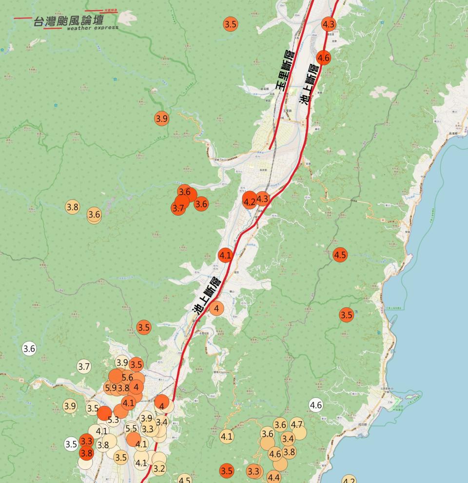 觀察這2天地震震央位置發現有往北偏趨勢。（圖／翻攝自Facebook／台灣颱風論壇｜天氣特急）