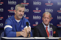 Indianapolis Colts coach Frank Reich speaks as team owner Jim Irsay listens following a news conference after the Colts' NFL preseason football game against the Chicago Bears, Saturday, Aug. 24, 2019, in Indianapolis. Colts quarterback Andrew Luck announced that he his retiring at age 29. (AP Photo/Michael Conroy)