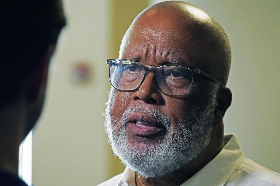 U.S. Rep. Bennie Thompson, D-Miss., speaks with a reporter after a news conference by Environmental Protection Agency Administrator Michael S. Regan with Mississippi Gov. Tate Reeves and Jackson, Miss., Mayor Chokwe Antar Lumumba, who discussed the elements of a coordinated response of federal, state and city agencies, in dealing with the city's long-standing water problems in Jackson on Wednesday, Sept. 7, 2022. (AP Photo/Rogelio V. Solis)