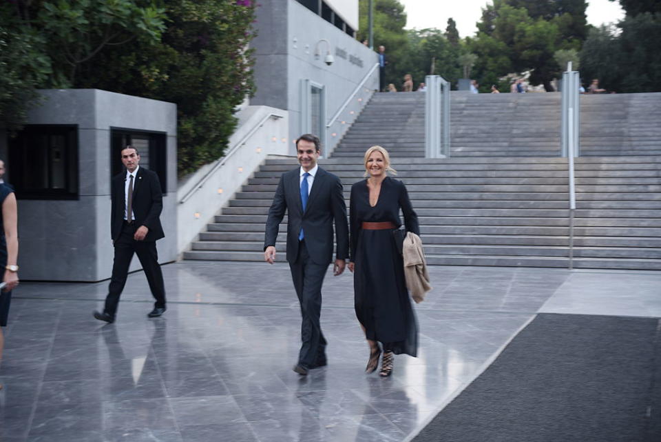 Greek Prime Minister Kyriakos Mitsotakis along with his wife, Greek First Lady Mareva Grabowski-Mitsotakis.