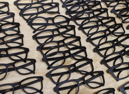 Eco-friendly sunglass frames, made of coffee waste,are seen in workshop near Kiev