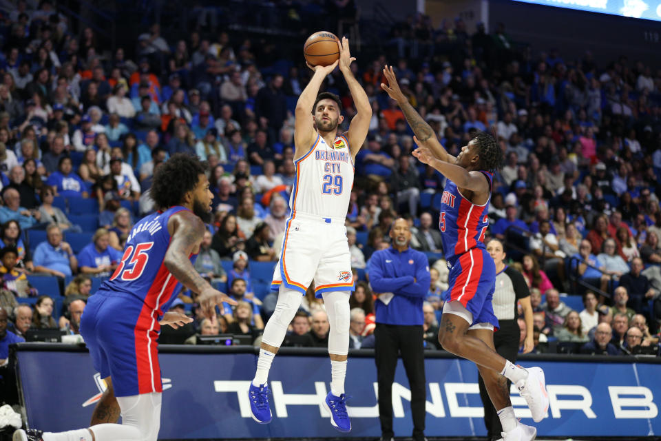 Oct 19, 2023; Tulsa, Oklahoma, USA; Oklahoma City Thunder guard Vasilije Micic (29) shoots in the second half against the Detroit Pistons at BOK Center. Mandatory Credit: Joey Johnson-USA TODAY Sports