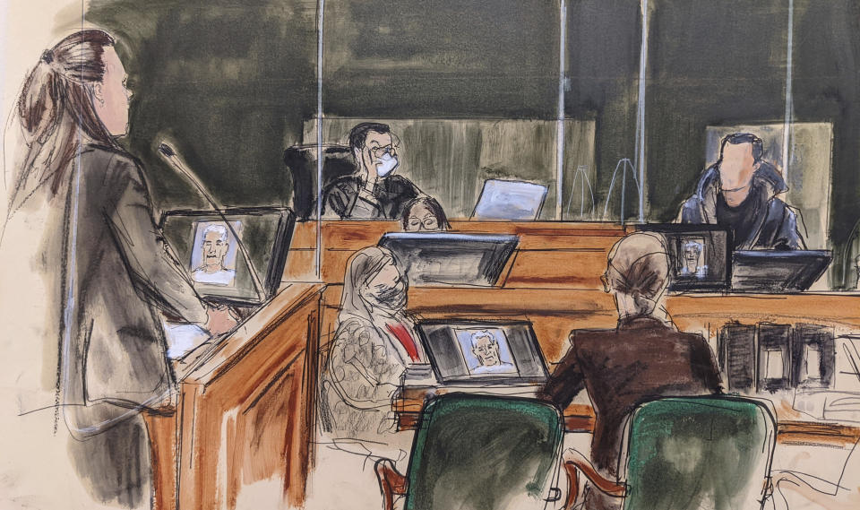 In this courtroom sketch, Assistant US Attorney Maurene Comey, left, questions witness Shawn, right, the former boyfriend of a witness who testified under the pseudonym ""Carolyn," during proceedings in Ghislaine Maxwell's sex-abuse trial, in New York, Wednesday, Dec. 8, 2021. (AP Photo/Elizabeth Williams)