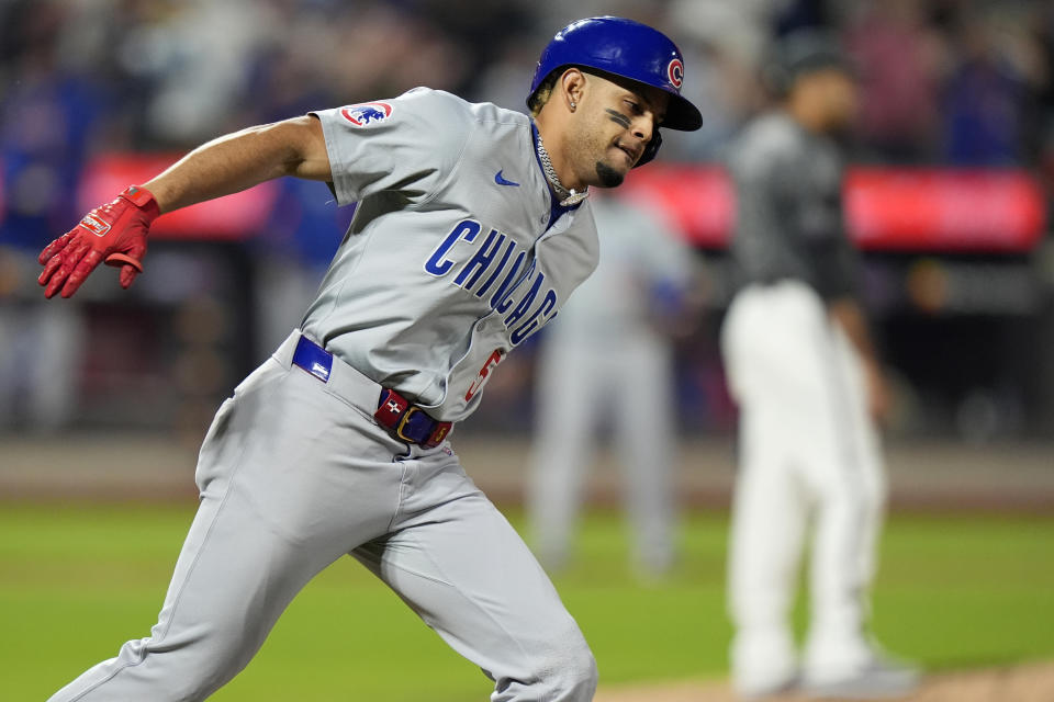 Chicago Cubs' Christopher Morel runs the bases after hitting a two-run home run during the ninth inning of a baseball game against the New York Mets, Monday, April 29, 2024, in New York. (AP Photo/Frank Franklin II)