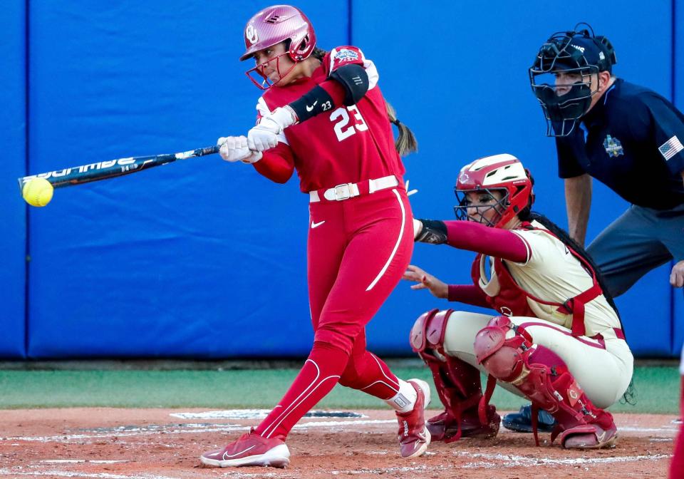 OU infielder Tiare Jennings (23) gets a base hit in the third inning of Game 2 of the Women's College World Series finals against Florida State on June 8 at USA Softball Hall of Fame Stadium.